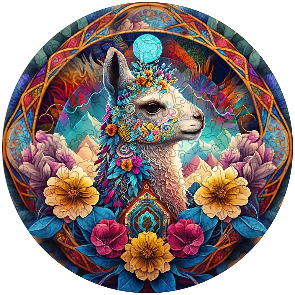 Mandala-lama – träpussel i färgglad stil