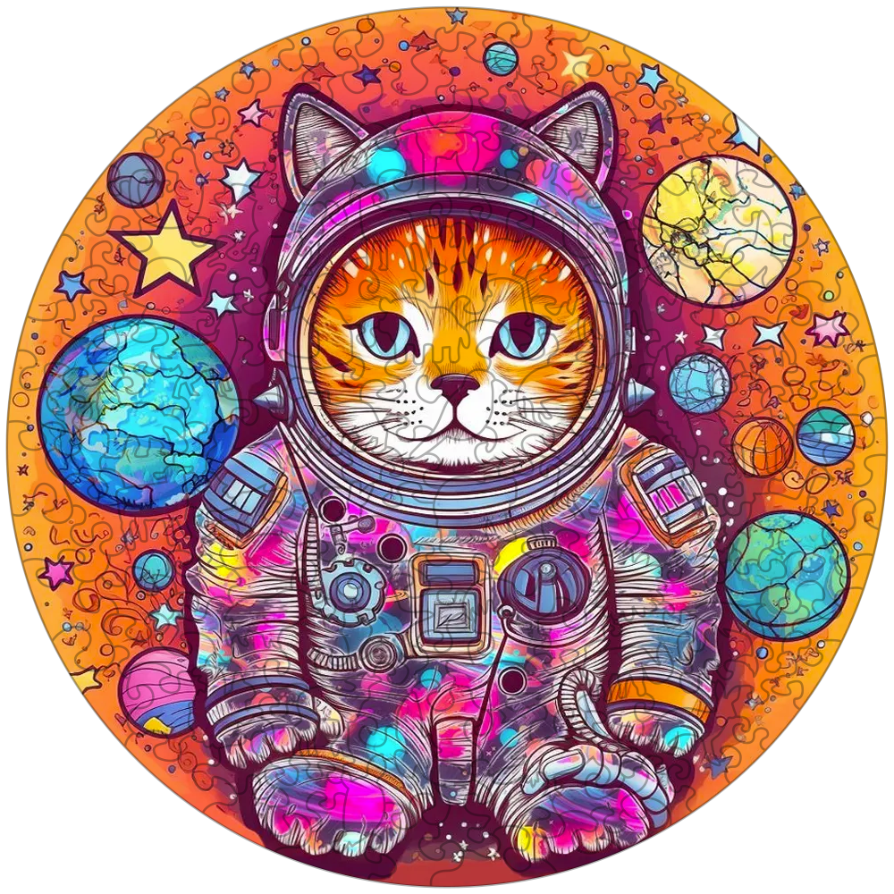 Roligt träpussel med astronautkatt