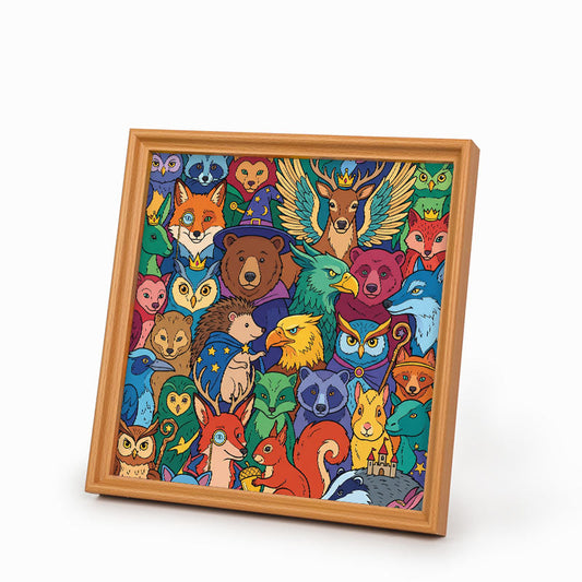 Förtrollade skogsvänner - Träpussel att färglägga med målarbilder