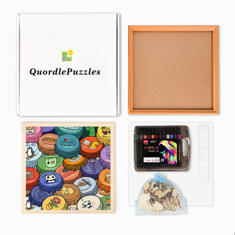 Färgglada mössor - Träpussel att färglägga