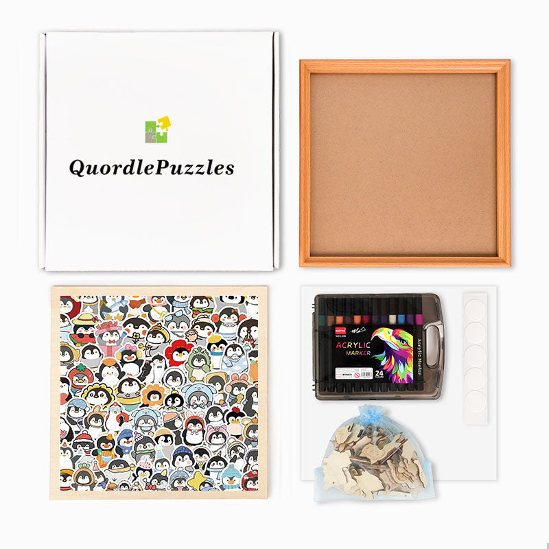 Roliga pingviner - Träpussel att färglägga