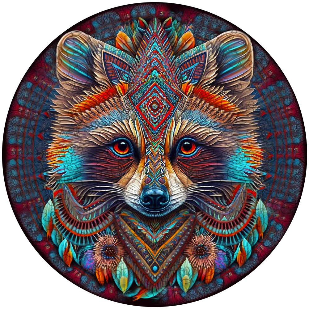 Mandala-tvättbjörn – träpussel i konstnärlig stil