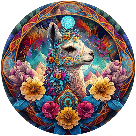 Mandala-lama – träpussel i färgglad stil