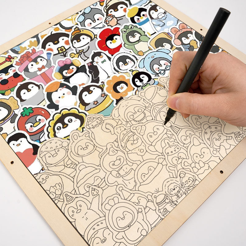 Roliga pingviner - Träpussel att färglägga