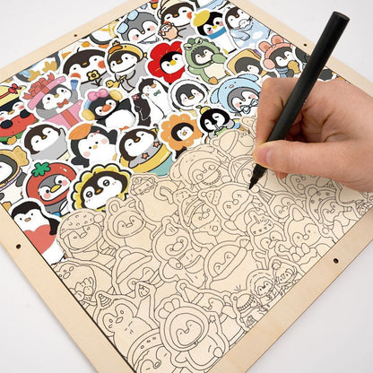 Roliga pingviner - Träpussel att färglägga