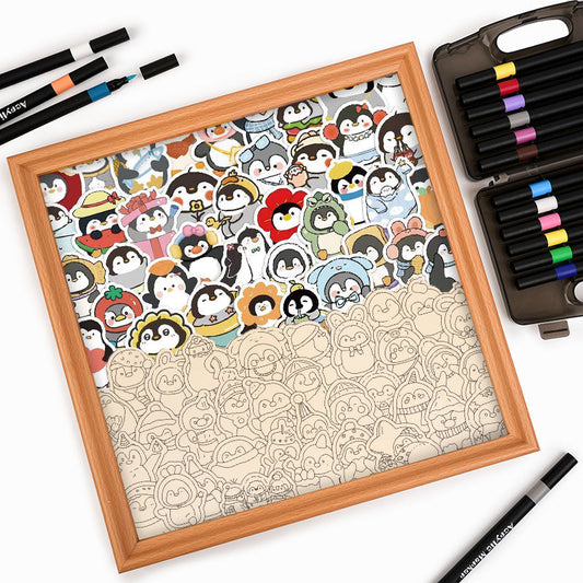 Roliga pingviner - Träpussel att färglägga