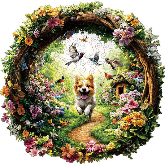 3D-träpussel: Hund i blomsterträdgård