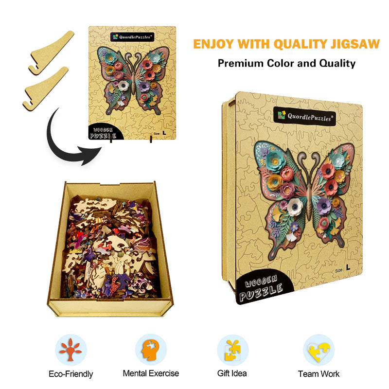 Träpussel med botaniska fjärilar och blommor