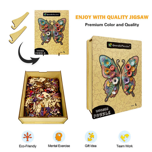 Träpussel med botaniska fjärilar och blommor