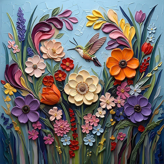 Blomstersymfoni med kolibri i trä
