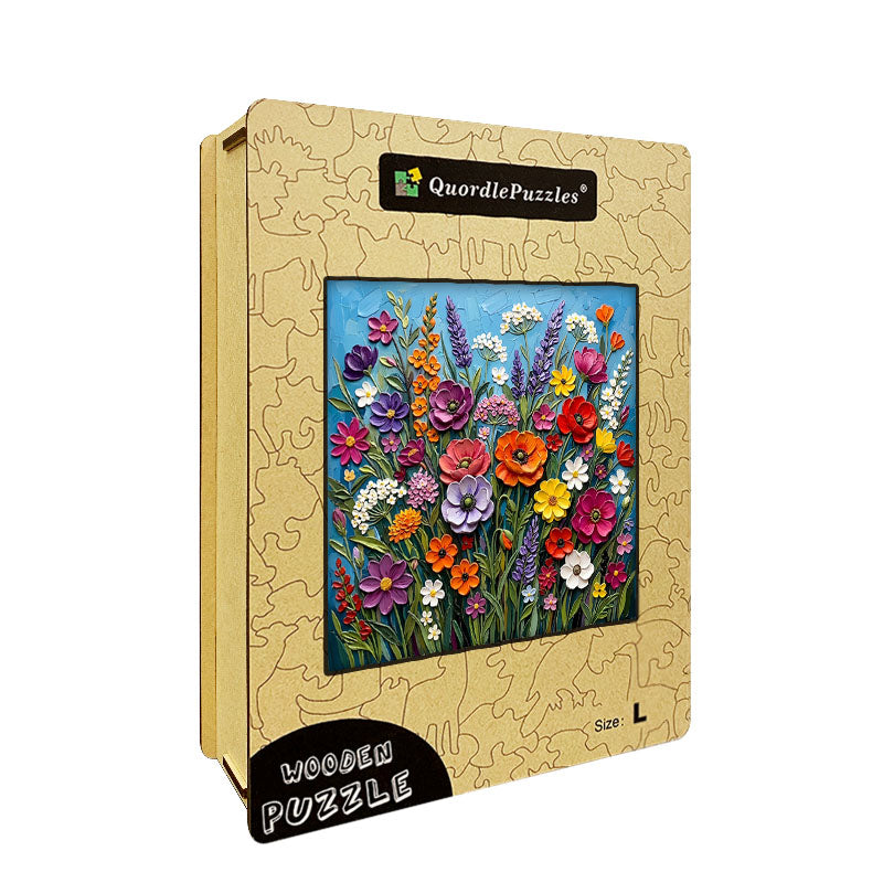 Träpussel med vibrerande vårblommor