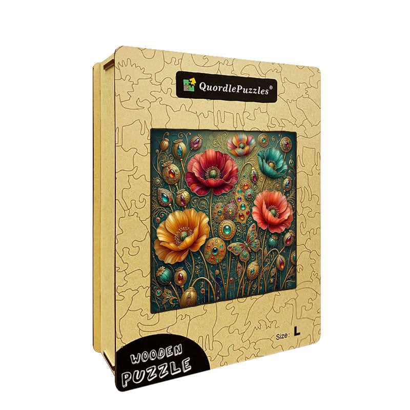 Träpussel med smaragdfärgade blommor och trädgårdar