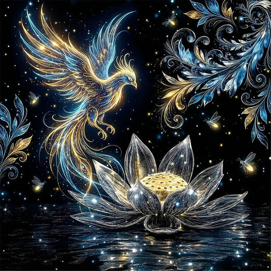 Träpussel med himmelsk fenix och lotus