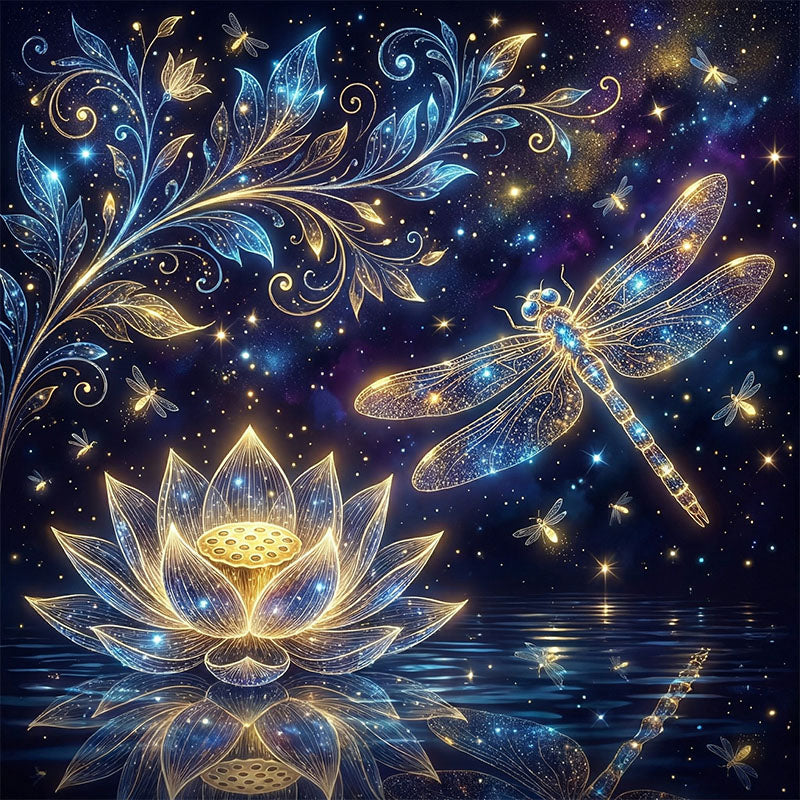 Träpussel med himmelsk lotus och trollslända