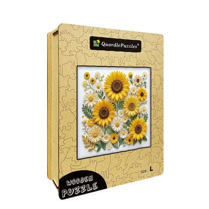 Träpussel med solrosblommor och trädgård