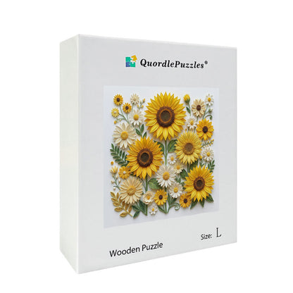 Träpussel med solrosblommor och trädgård