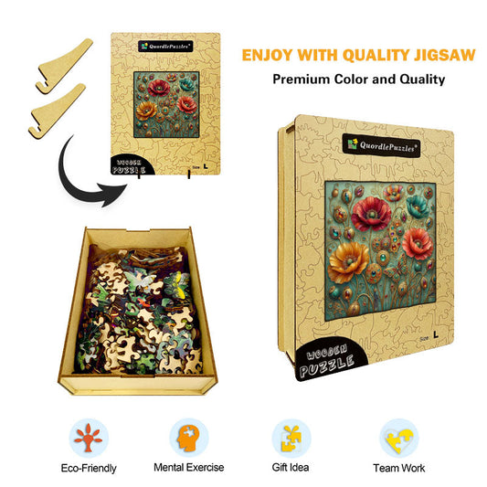 Träpussel med juvelmotiv och blommotiv