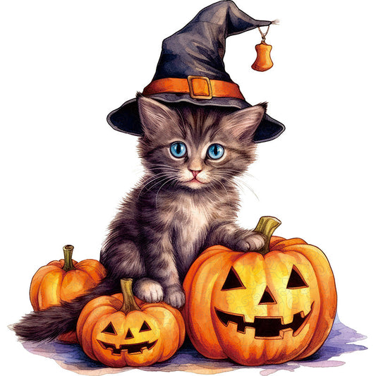 Vinyldekal: Katt med häxhatt och pumpa – Halloweenmotiv