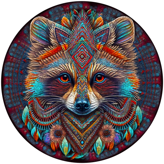 Mandala-tvättbjörn – träpussel i konstnärlig stil
