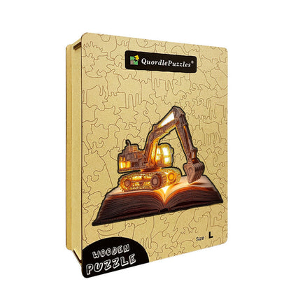 3D träpussel av grävmaskin på bok